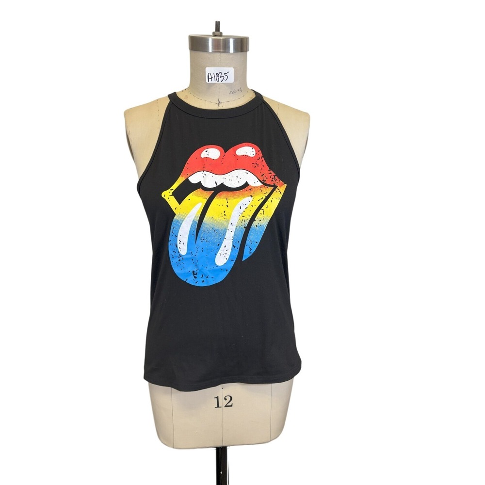 OrderPlus‎ Rolling Stones Rainbow Tongue Graphic Tank Top Black Ribbed Small